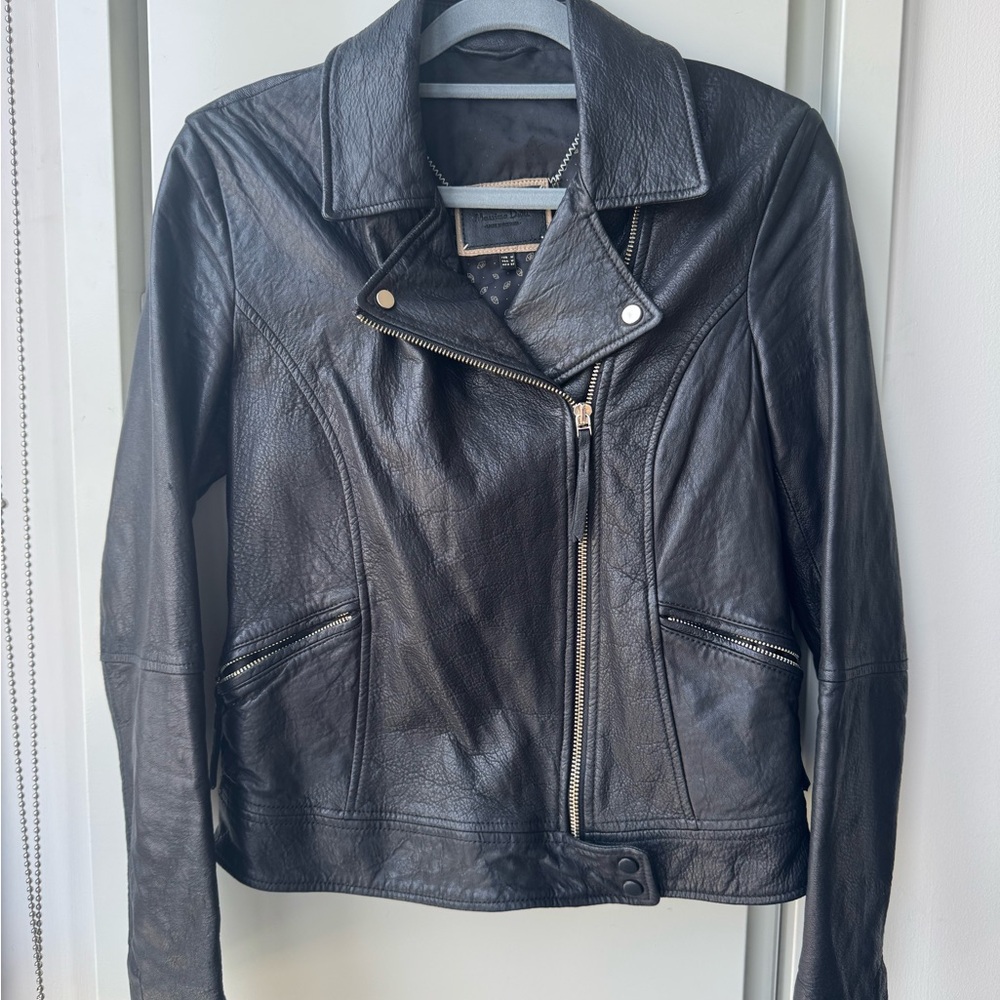 Massimo Dutti Black Leather Asymmetrical Zip Jacket